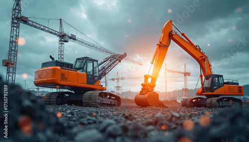 Two orange excavators work on a construction site. Cranes and heavy machinery fill the background under a dramatic sky. Industrial development and engineering.
