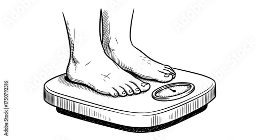 Bare feet standing on scale in black and white sketch style