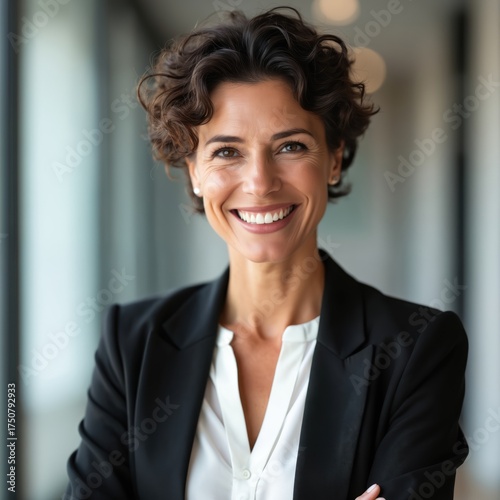 Confident woman in suit smiles. Pro businesswoman stands in office hallway. Happy entrepreneur looks at camera. Business lady expresses positive emotion, modern leadership concept. Mature manager