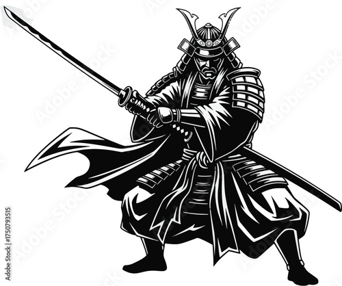 Samurai warrior in full armor with katana a detailed illustration isolated on white background