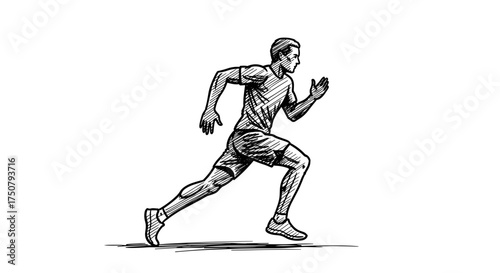 Athletic man running forward in black and white sketch style