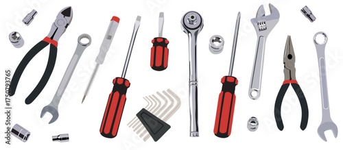 Vector illustration of various mechanical tools. Mechanical elements vector set