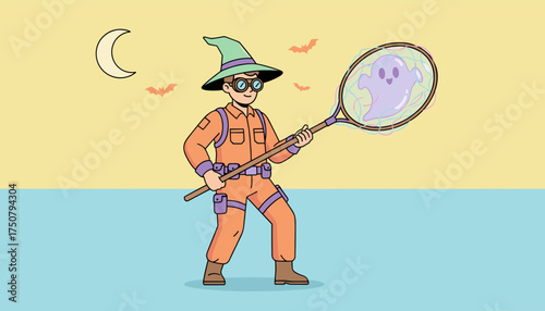 Adventurer in witch hat and goggles catches a friendly ghost with a net Halloween fantasy fun