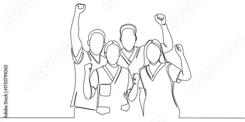 Continuous one line drawing of male and female employees making high five gesture, teamwork and encouragement for work concept, single line art