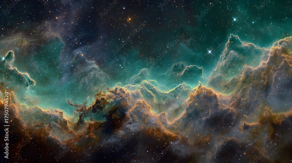 Fototapeta premium Colorful interstellar gas and dust clouds glow in deep space.