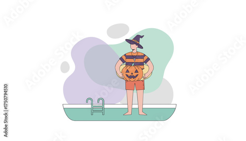 Man in witch hat by pool holding a Jackolantern and float Summer Halloween fun