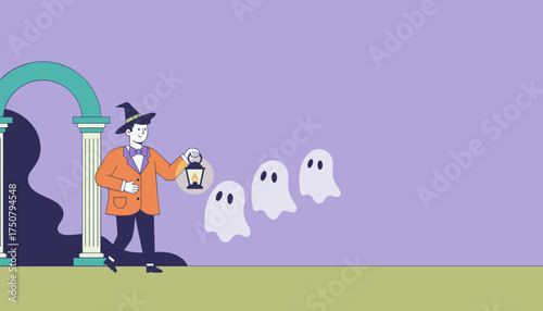 Halloween night adventure with character in witch hat guiding friendly ghosts