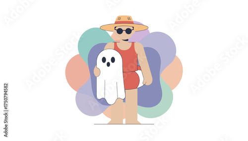 Person in hat and swimsuit holding a ghost ready for a unique summer holiday fun