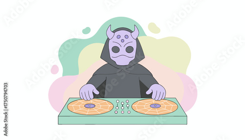Mysterious horned DJ character mixing music on turntables Fun spooky vibrant illustration for entertainment