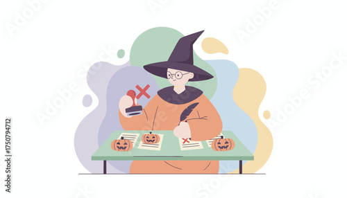 Magician in a pointed hat with quill and X stamp managing Halloween documents