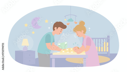 Loving parents change babys diaper in a nighttime nursery depicting care and family life