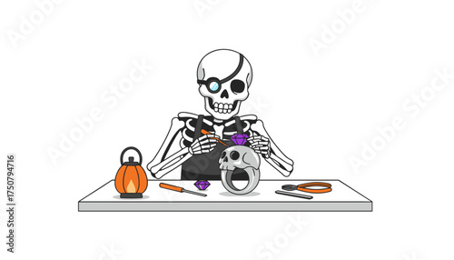 Skeleton jeweler setting a purple gem into a skull ring Spooky craftsmanship Halloween design