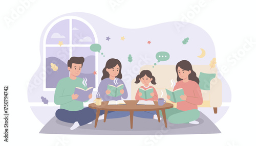 Cozy family reading books at home promoting learning relaxation and togetherness