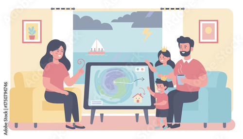 Family watches hurricane tracking on a screen preparing for stormy weather and home safety
