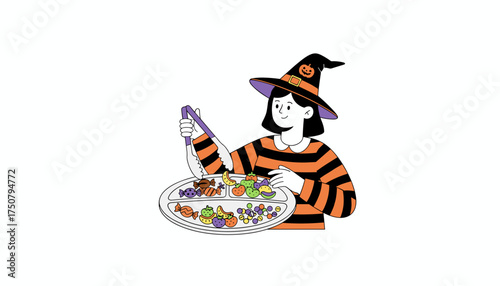 Happy witch serving colorful Halloween candy and treats from a platter