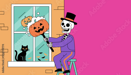 Festive skeleton cleaning a window with a pumpkin sponge watched by a black cat Halloween prep