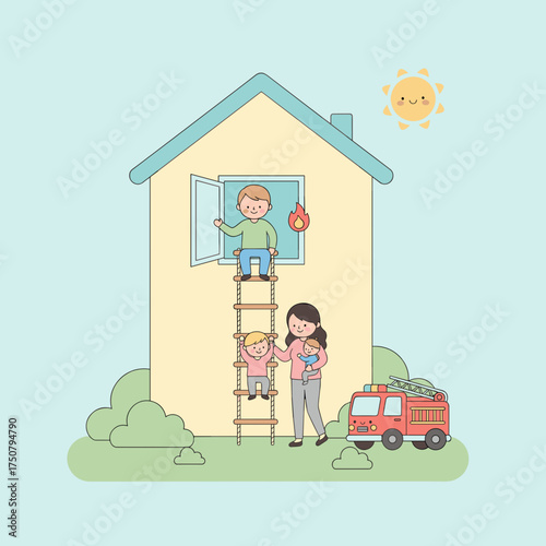 Family safely escaping a house fire with a fire truck nearby Home emergency and safety concept