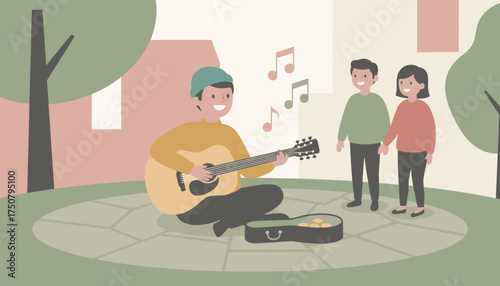 Man plays guitar for a smiling couple in an outdoor park enjoying live street music