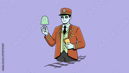 Spooky conductor with ghost passenger and tickets on phantom tracks Ideal for Halloween travel