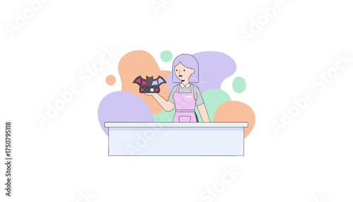 Vampire woman in apron holding a batshaped makeup palette for Halloween beauty