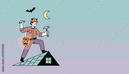 Halloweenthemed builder on roof with pumpkin belt tools moon and bat
