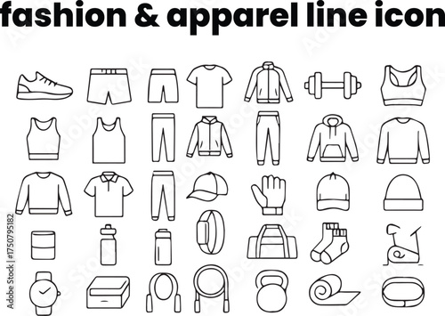 Linear black icons of gym clothes, shorts, tracksuits, sneakers, and sports bras — athletic fashion in minimalist vector style
