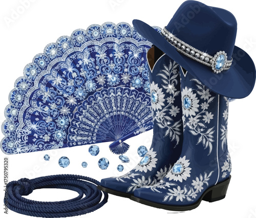 "Jeweled Navy Blue Cowgirl Boots and Hat PNG - Rhinestone Western Rodeo Queen Graphic"