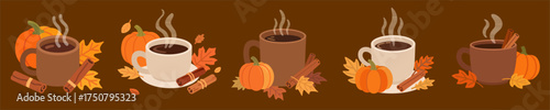 Cozy Autumn Coffee Cup with Pumpkin and Cinnamon Flat Vector Illustration, Warm Fall Season Drink, Minimalist Warm Color Palette