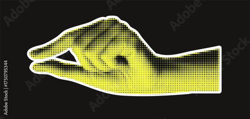 A hand collage with outline fingers for a hold or touch with a yellow sticker and retro pop art style..