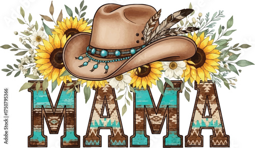 "Boho Cowgirl Mama Sublimation PNG - Western Hat, Turquoise, and Sunflowers Graphic"


