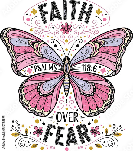 "Motivational Faith Art: Hand-Drawn Butterfly with Psalms Verse and Flowers"