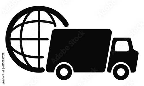 Black vector icon of a delivery truck overlaid with an outlined globe. Symbolizes global shipping, worldwide logistics, international transport, and commerce. Flat, minimalist design.