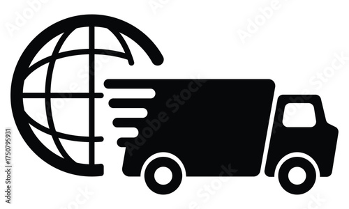 Black vector icon of a delivery truck overlaid with an outlined globe. Symbolizes global shipping, worldwide logistics, international transport, and commerce. Flat, minimalist design.