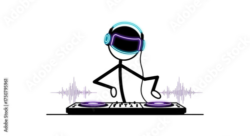 Stickman DJ with Headphones and Turntable, DJ Stickman Headphone Turntable