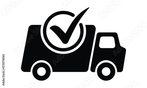 Solid black vector icon of a delivery truck with a shield and check mark on the side. Symbolizes secure delivery, safe shipping, insurance, guarantee, and merchandise protection. Flat design.