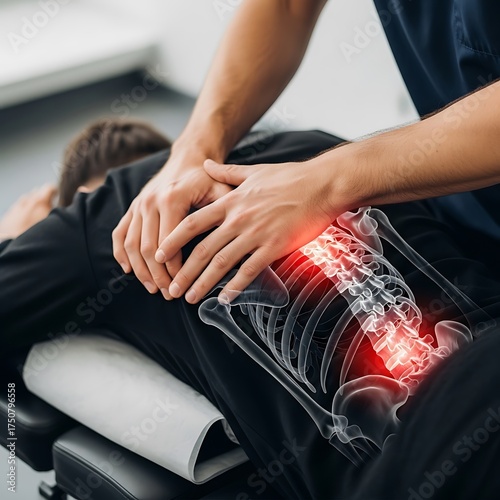 Chiropractor doing spinal adjustment on patient with back pain and skeleton