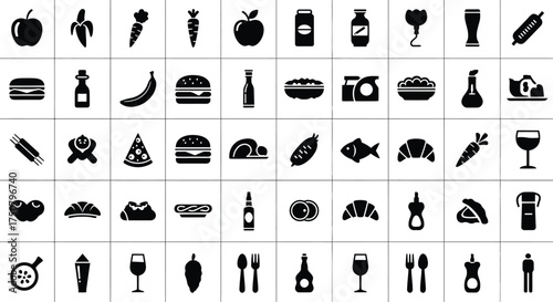 Collection of food icons in black and white, perfect for menu design and food apps