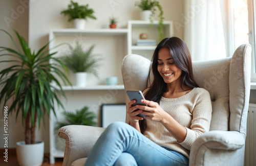 Indian woman sits in cozy chair at home. She uses smartphone and smiles. Woman chats with friend in social networks. She enjoys free time and e-shopping.