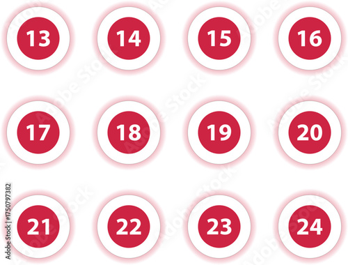 Red Circle Number Bullets in flat design style 13 to 24