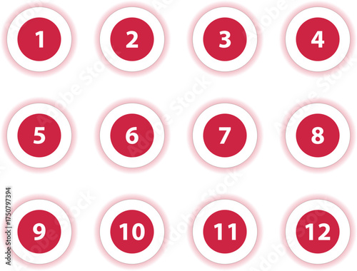 Red Circle Number Bullets in flat design style 1 to 12