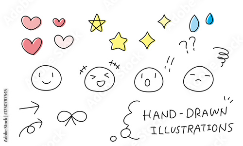 手描きのイラスト,かわいい落書き,顔とハートと星とキラキラのあしらいセット （ベクター・線幅変更可・サイズ変更可・編集可能・印刷・塗りあり・Vector）/ Hand-drawn Heart and Star Doodle Set