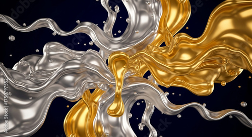A captivating 3d rendering showcases the dynamic interplay of liquid gold and silver, swirling and merging in a mesmerizing dance of opulence and elegance
