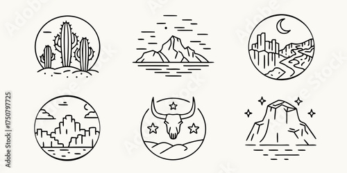Collection of six minimalist line art circular icons depicting desert landscapes mountains cities and a bull skull emblem