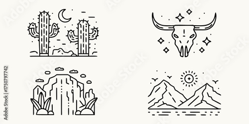 Collection of minimalist line art illustrations depicting desert landscapes and iconic western symbols