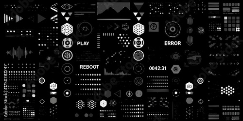 Futuristic digital interface elements with play reboot and error messages on black background