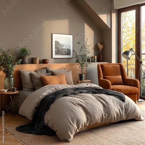 Bedroom interior with bed orange armchair plants and natural light