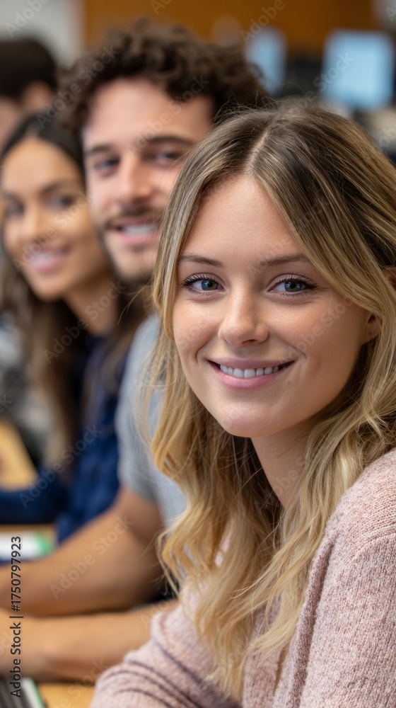 Obraz premium Group of young people smiling and working together in a modern classroom setting during a collaborative study session
