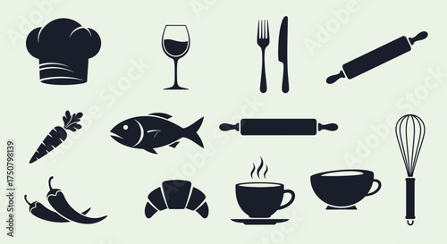Illustration of various kitchen utensils and food items for culinary themes