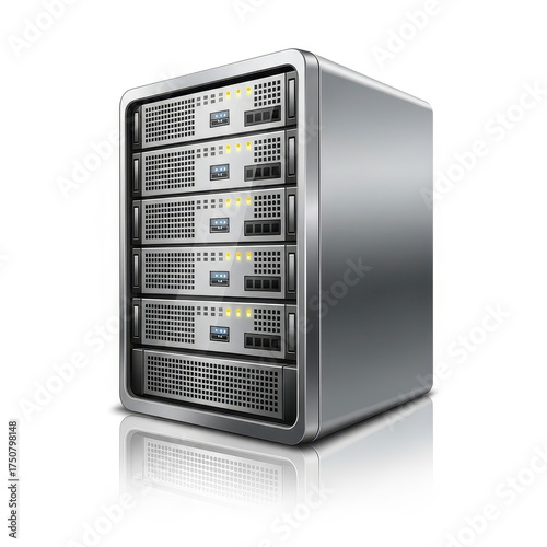 Sleek metallic server tower with lights.