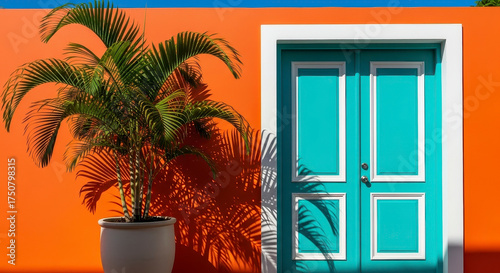 Colorful doorway with palm shadow.